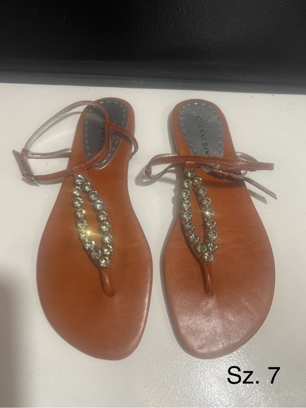 Gianni Bini Tan Leather Crystal-Embellished Thong Sandals
